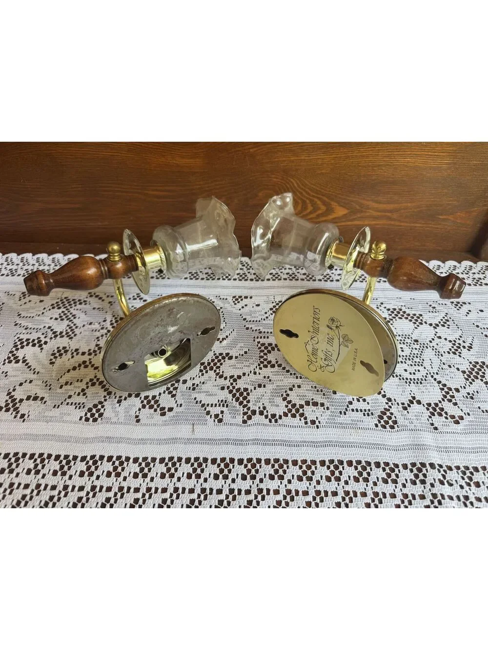 Vintage Pair of Wall Sconces with Wooden Handles and Glass Shades